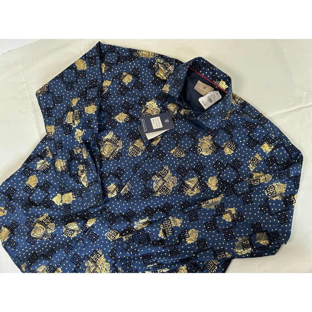NWT Suslo Couture Men's 3XL Long Sleeve Button Down Stretch Shirt Navy/Gold/Blk